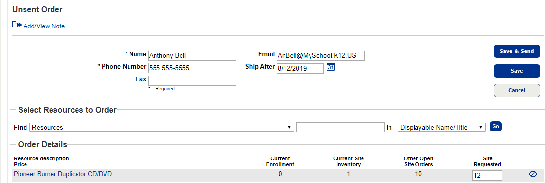 Example of an unsent order with a note.